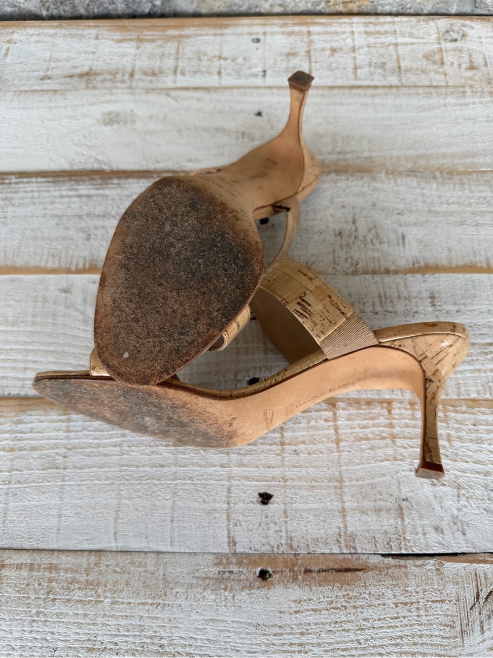 Manolo Blahnik Cork-Textured Double-Strap Heeled Mules in Natural Tan - Picture 6 of 6